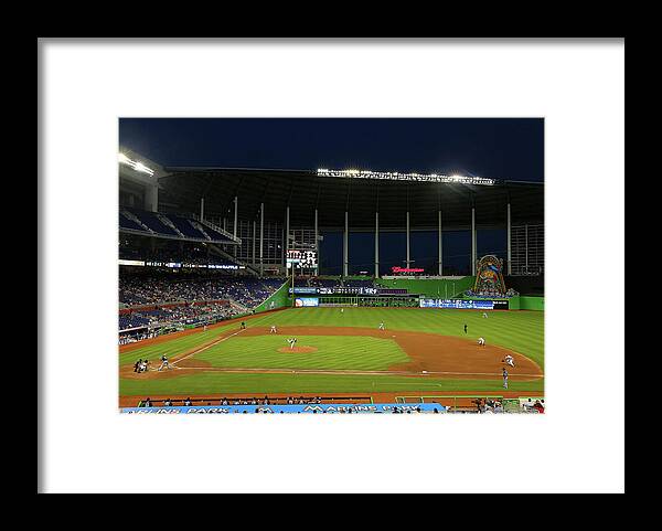 American League Baseball Framed Print featuring the photograph San Diego Padres V Miami Marlins by Mike Ehrmann