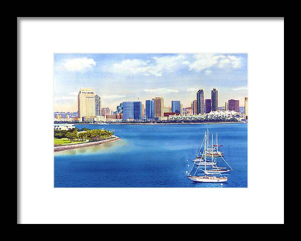 San Diego Framed Print featuring the painting San Diego Skyline with Meridien by Mary Helmreich