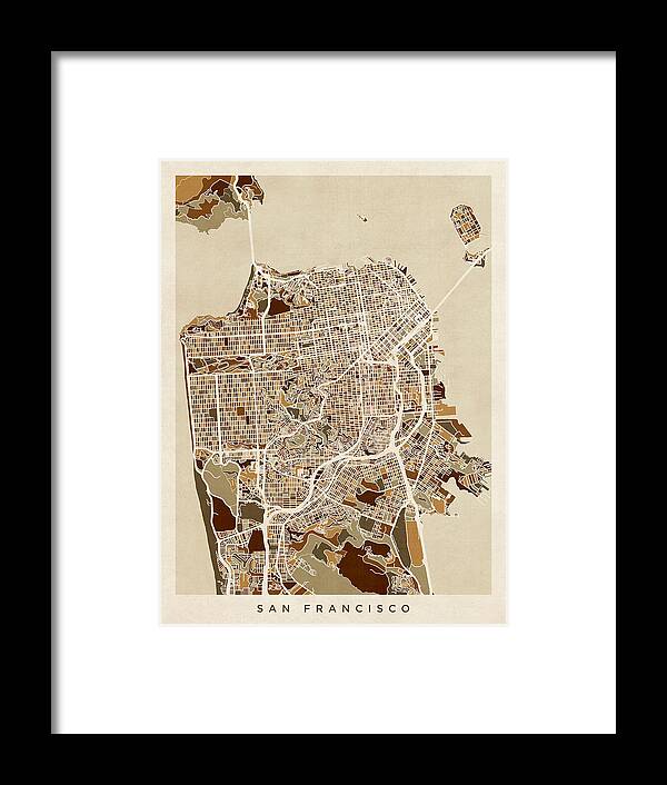 San Francisco Framed Print featuring the digital art San Francisco City Street Map by Michael Tompsett