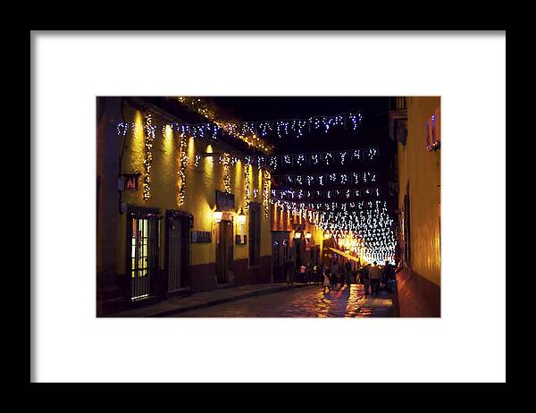  Framed Print featuring the digital art San Miguel streets at night by Cathy Anderson