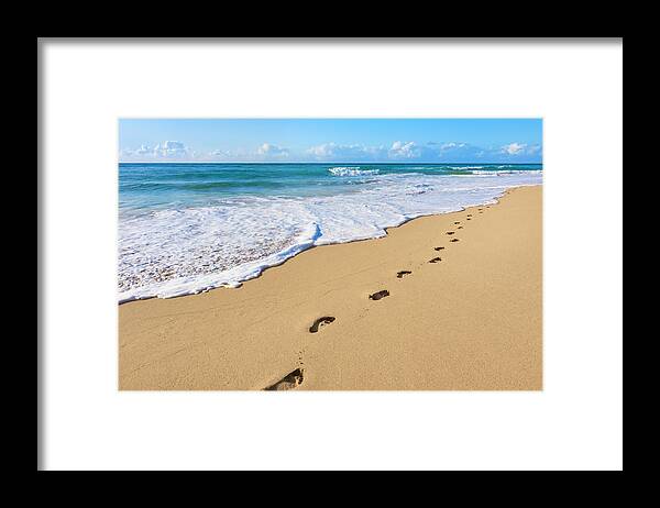 Seascape Framed Print featuring the photograph Sand, Footprints, Pacific Ocean Surf by Dszc