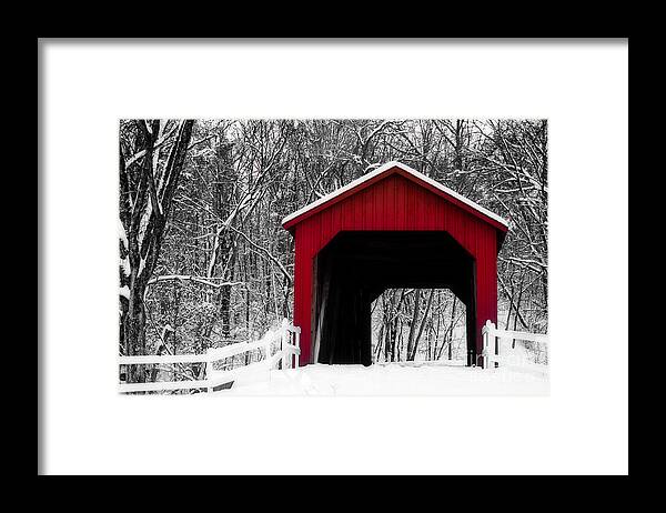 Sandy Creek Cover Bridge Framed Print featuring the photograph Sandy Creek Cover Bridge with a touch of Red by Peggy Franz