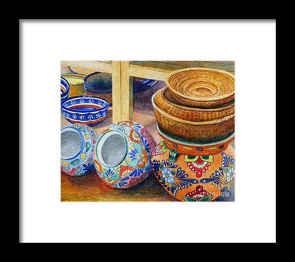Pots Framed Print featuring the painting Southwestern Pots and Baskets by Karen Fleschler