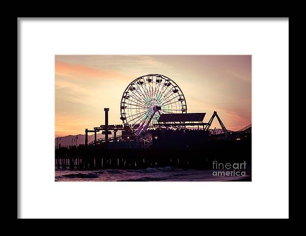 America Framed Print featuring the photograph Santa Monica Pier Ferris Wheel Retro Photo by Paul Velgos