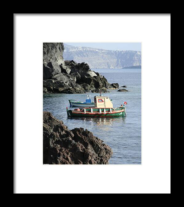 Santorini Fishing Boats Rocks Caldera Greek Islands Aegean Sea Seascape Framed Print featuring the photograph Santorini Boats by Brenda Salamone