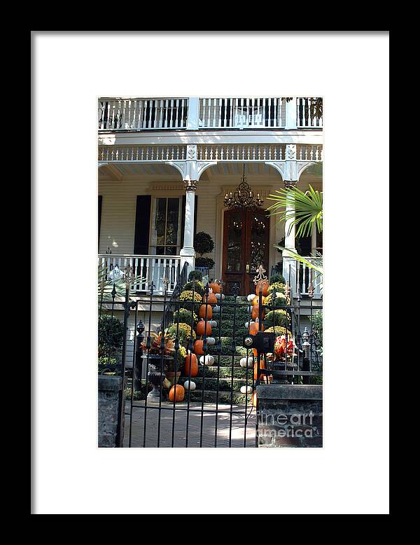 Savannah Home Prints Framed Print featuring the photograph Savannah Victorian Home Fall Pumpkins Mums by Kathy Fornal
