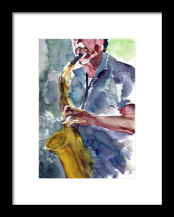 Saxophone Framed Print featuring the painting Saxophonist by Faruk Koksal