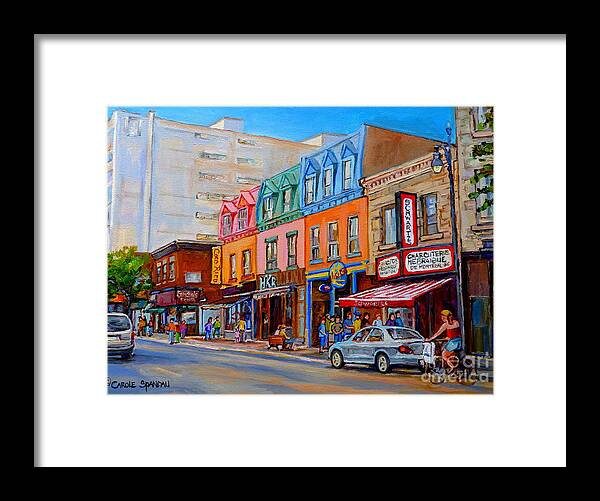 Montreal Framed Print featuring the painting Schwartzs Deli Montreal Street Scene by Carole Spandau