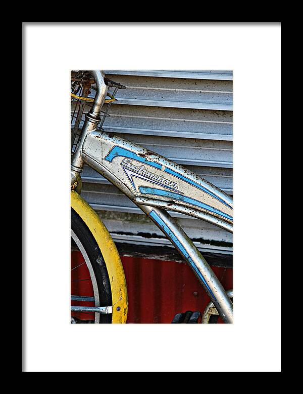 Old Schwinn Bicycle Framed Print featuring the photograph Schwinn with a Yellow Fender by Lynn Jordan