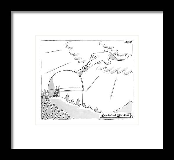 Captionless Science And Religion Framed Print featuring the drawing Science And Religion -- A Hand Reaches by Jack Ziegler