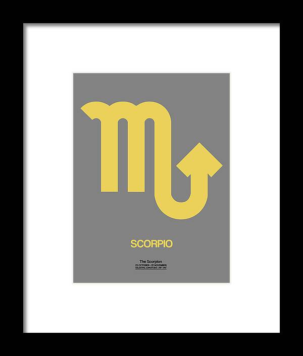 Scorpio Framed Print featuring the digital art Scorpio Zodiac Sign Yellow on Grey by Naxart Studio