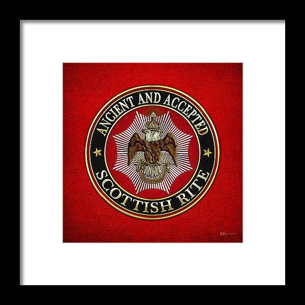'scottish Rite' Collection By Serge Averbukh Framed Print featuring the digital art Scottish Rite Double-headed Eagle on Red Leather by Serge Averbukh