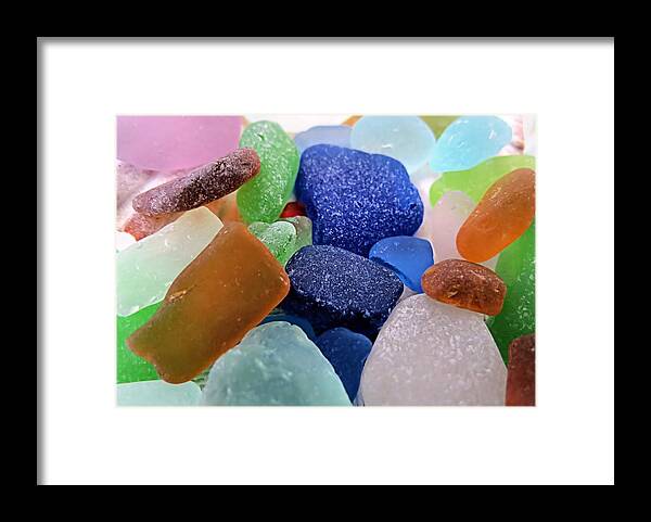 Sea Glass Framed Print featuring the photograph Sea Glass of Many Colors by Janice Drew