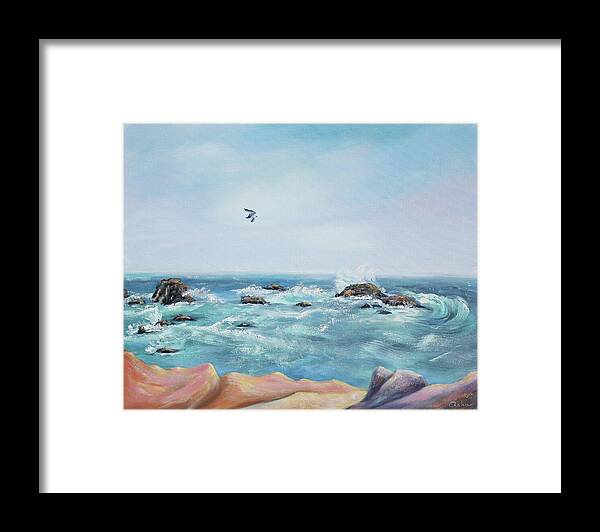 Seascape Painting Framed Print featuring the painting Seagull over the Ocean by Asha Carolyn Young
