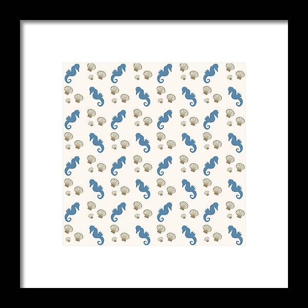 Seahorse Framed Print featuring the mixed media Seahorse and Shells Pattern by Christina Rollo