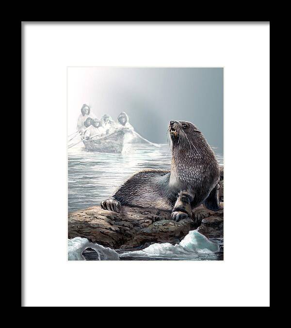 Painting By Gina Femrite Framed Print featuring the painting Harp seal and native hunters by Regina Femrite