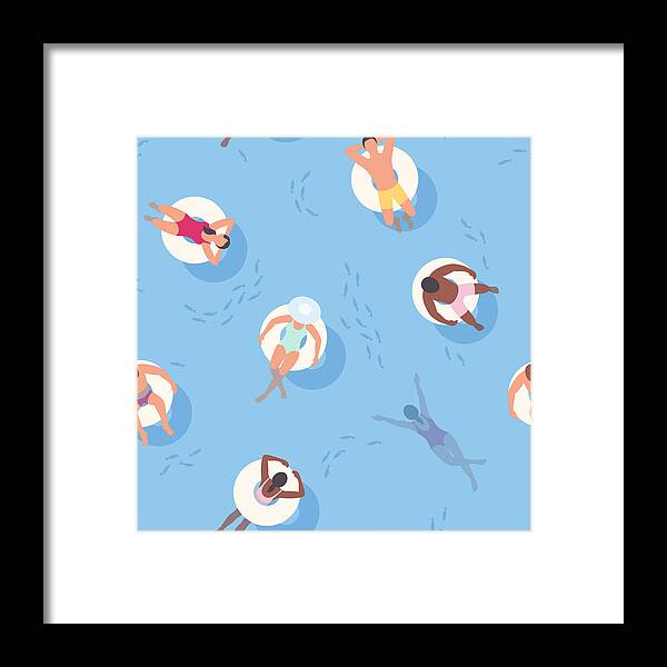 Tranquility Framed Print featuring the drawing Seamless Summer Background with People relaxing on Inflatable Rings by Jamielawton