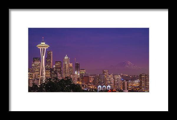 Seattle Framed Print featuring the photograph Seattle and Mt. Rainier After Dark - City Skyline Night Photograph by Duane Miller