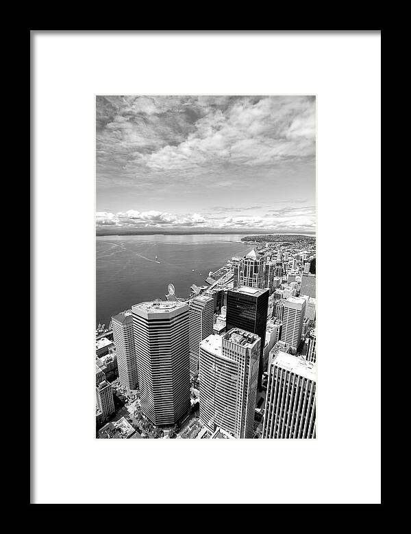 Downtown Seatle Framed Print featuring the photograph Seattle Overlook Black and White by Jenny Hudson