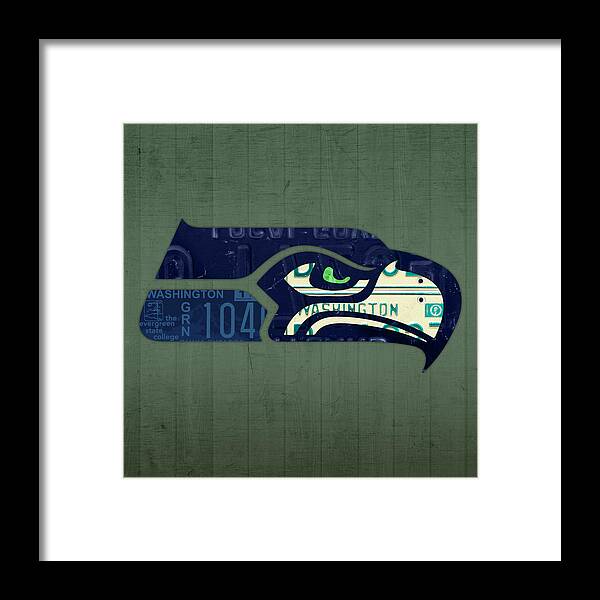 Seattle Framed Print featuring the mixed media Seattle Seahawks Football Team Retro Logo Washington State License Plate Art by Design Turnpike