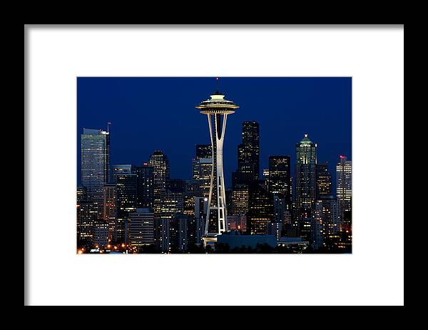 Seattle Framed Print featuring the photograph Seattle skyline at night by Jetson Nguyen