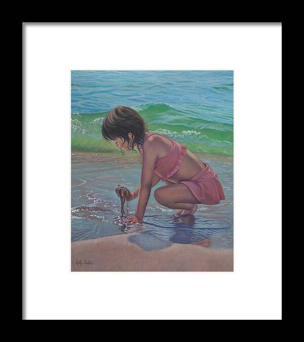 Child At The Seashore Framed Print featuring the painting Secrets of the Sea by Holly Kallie