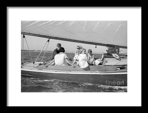 Senator John F. Kennedy Framed Print featuring the photograph Senator John F. Kennedy with Jacqueline and Children Sailing by The Harrington Collection