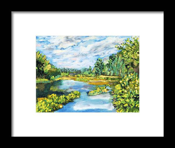 Water Pond Sky Reflections Clouds Summer Framed Print featuring the painting Serene Pond by Michael Daniels