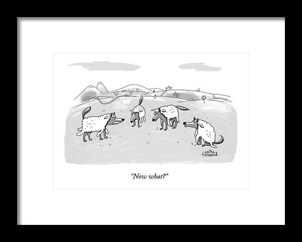 Wolf In Sheep's Clothing Framed Print featuring the drawing Several Wolves In Sheep's Clothing Converge by Mitra Farmand