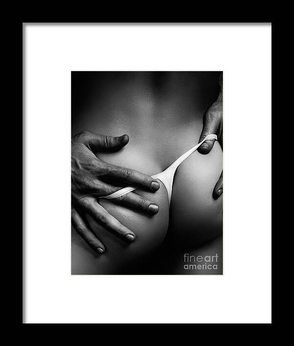 Sexy closeup of man hands taking off woman panties Framed Print by