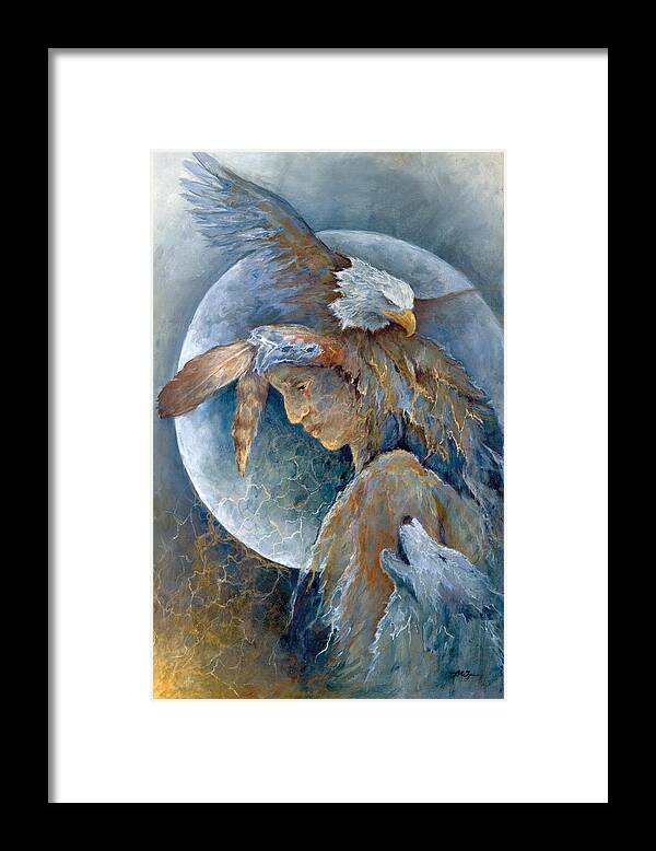 Shaman Native American Indian Healing Medicine Woman Tribal Mary Zins Wolf Eagle Moon Framed Print featuring the painting Shaman by Mary Zins