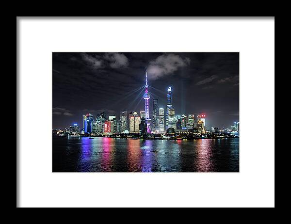 Built Structure Framed Print featuring the photograph Shanghai Skyline At Night by Martin Puddy