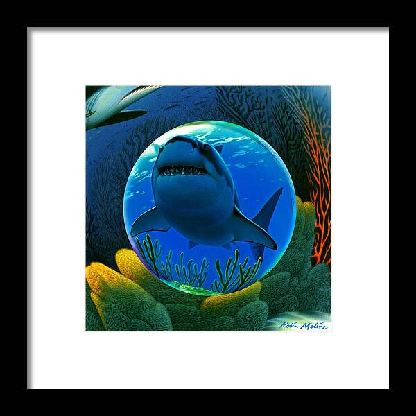  Sharks Framed Print featuring the digital art Shark World by Robin Moline