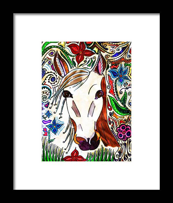Horse Framed Print featuring the painting She Grazes Where Flowers Grow - Horse by Marie Jamieson