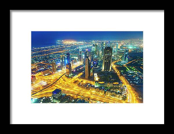 Architectural Feature Framed Print featuring the photograph Sheikh Zayed Road Skyline Of Dubai by Eli asenova