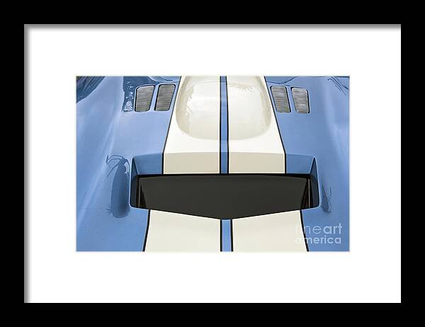Shelby Motors Blue White Stripe Close Up Framed Print featuring the photograph Shelby Motors Blue White Stripe Close Up by David Zanzinger
