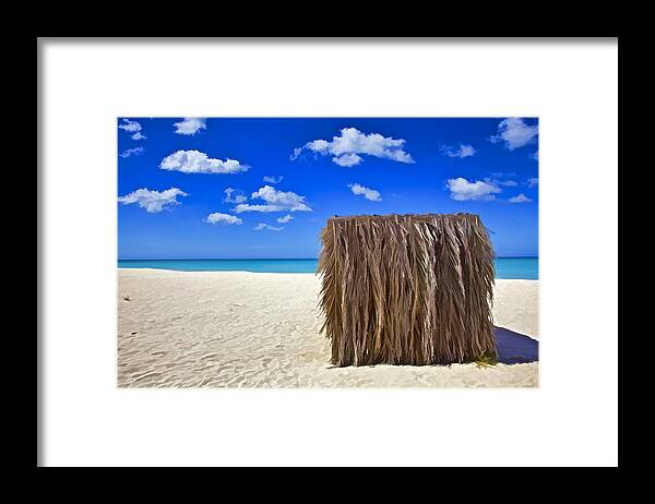 Aruba Framed Print featuring the photograph Shelter on a White Sandy Caribbean Beach with a Blue Sky and White Clouds II by David Letts