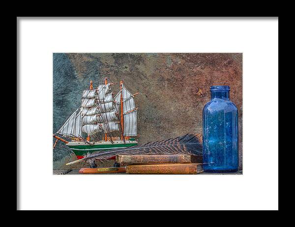 Blue Bottle Framed Print featuring the photograph Ship Bottle Books Still Life by Randy Steele