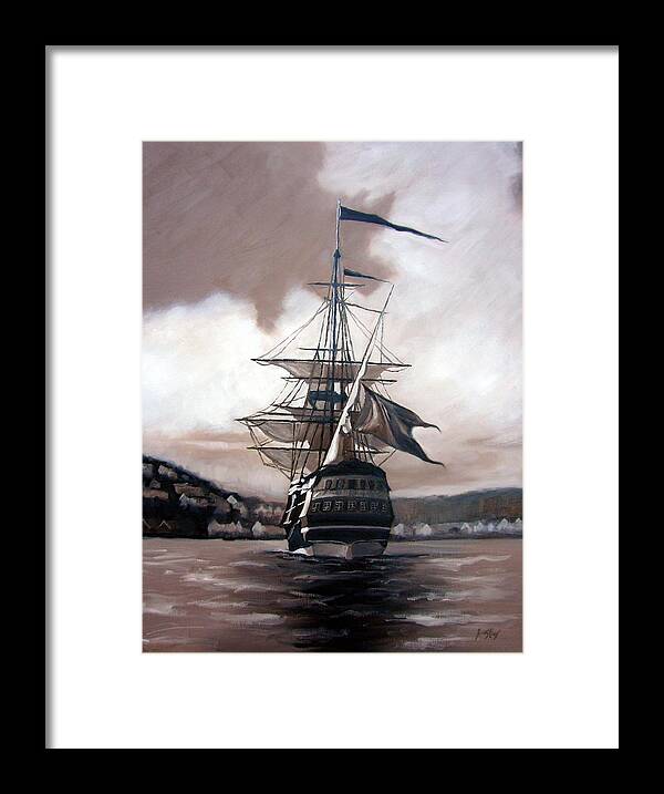 Pirate Ship Framed Print featuring the painting Ship in sepia by Janet King