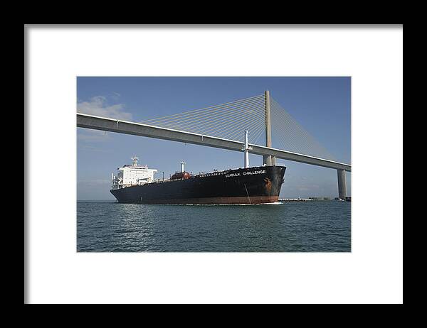 Oil Tanker Framed Print featuring the photograph Ship under Sunshine Skyway Bridge by Bradford Martin