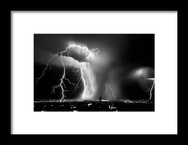 Lightning Storms Thunderstorms black And White Bw Clouds Rain Thunder City Lights Night Extreme Weather severe Weather Albuquerque new Mexico Nm Sw Southwest Desert high Desert roch Hart Framed Print featuring the photograph Shock Attack by Roch Hart