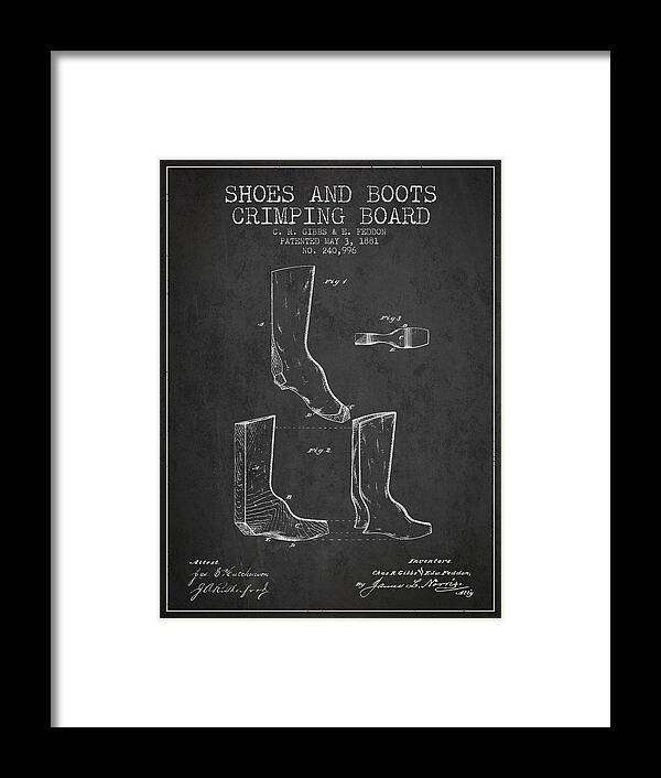 Shoes Framed Print featuring the digital art Shoes and Boots Crimping Board Patent from 1881 - Charcoal by Aged Pixel