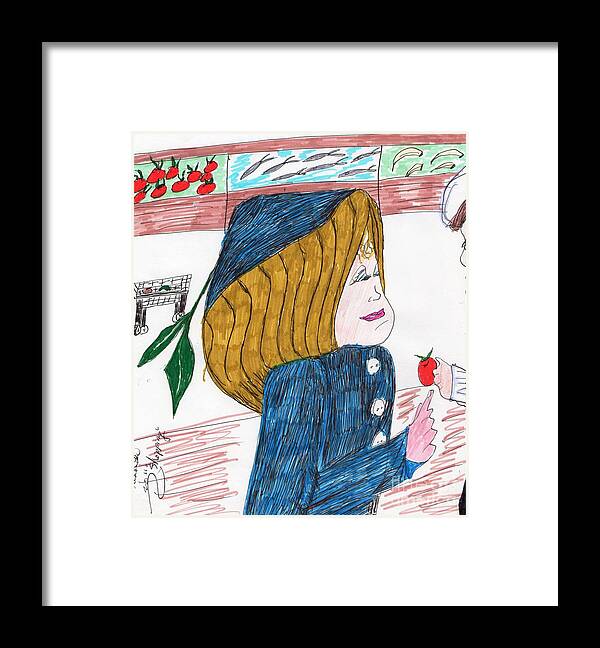 Lady Shopping For Groceries Blue Outfit Framed Print featuring the mixed media Shopping by Elinor Helen Rakowski