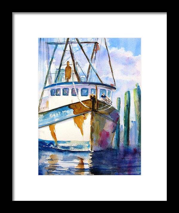 Boat Framed Print featuring the painting Shrimp Boat Isra by Carlin Blahnik CarlinArtWatercolor