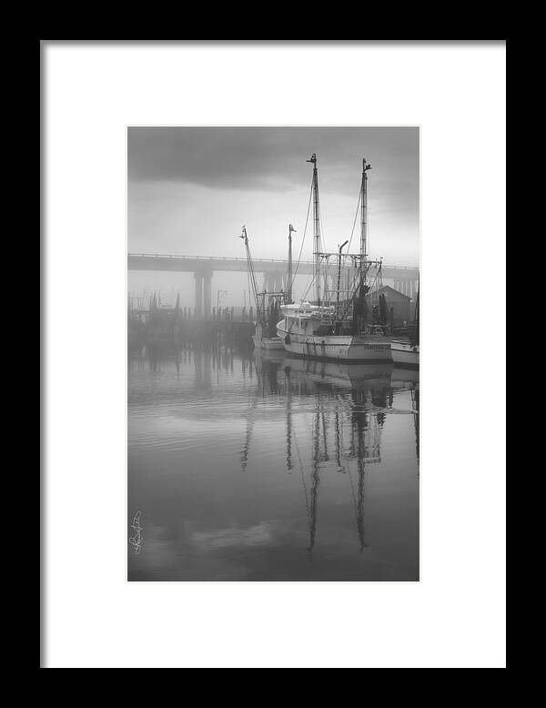 Shrimp Framed Print featuring the photograph Shrimp Boats in the Fog - Black and White by Renee Sullivan