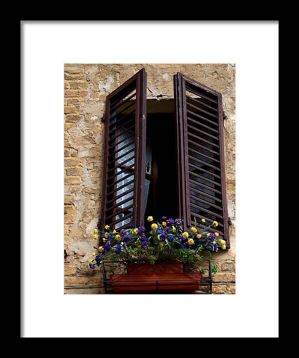 Italy Framed Print featuring the photograph Shutters and Flowers by Caroline Stella