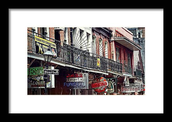 Bourbon Framed Print featuring the photograph Signs on Rue Bourbon by Bob Hislop