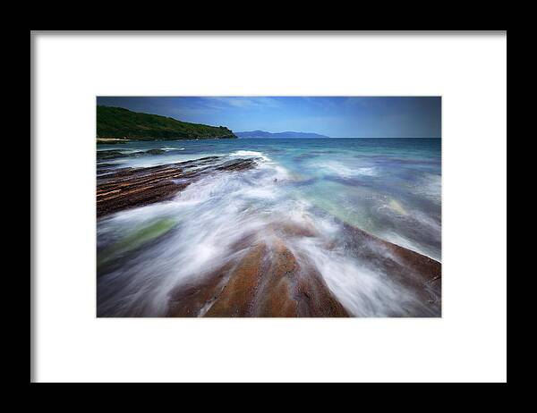 Hong Framed Print featuring the photograph Silky Wave and Ancient Rock 5 by Afrison Ma