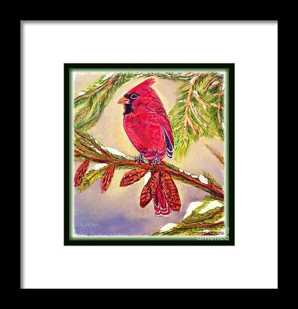 Red Male Cardinal Perched On A Evergreen Tree Branch With Pine Cones Snow Melting Light Filtering In With Blue Skies Behind It Cardinal Bird Paintings Nature Paintings Christmas Card Image Acrylic Painting Framed Print featuring the painting Singing the Good News with Border by Kimberlee Baxter