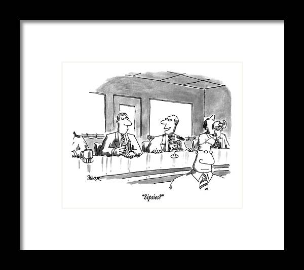 

 Man With Fancy Drink Loaded With Fruit Framed Print featuring the drawing Sipsies? by Jack Ziegler